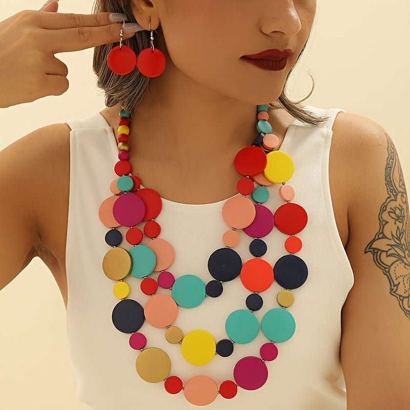 Vibrant Multilayer Arabesque Wooden Necklace  Earrings Set