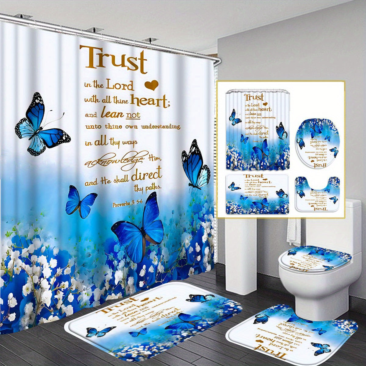 3Piece Blue Butterflies  Flowers Shower Curtain Set