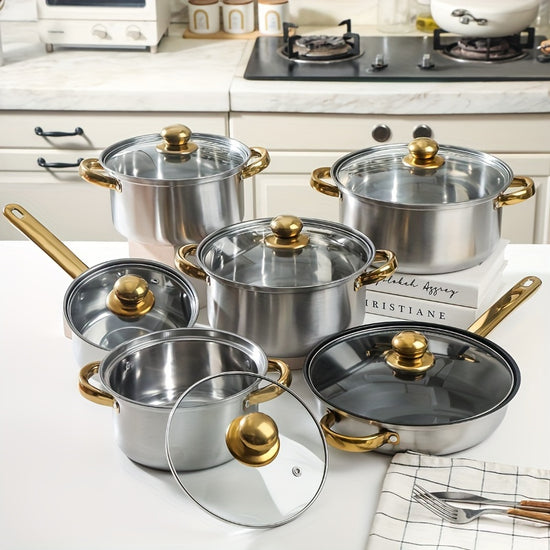 Elegant 12Piece Stainless Steel Cookware with Gold Handles