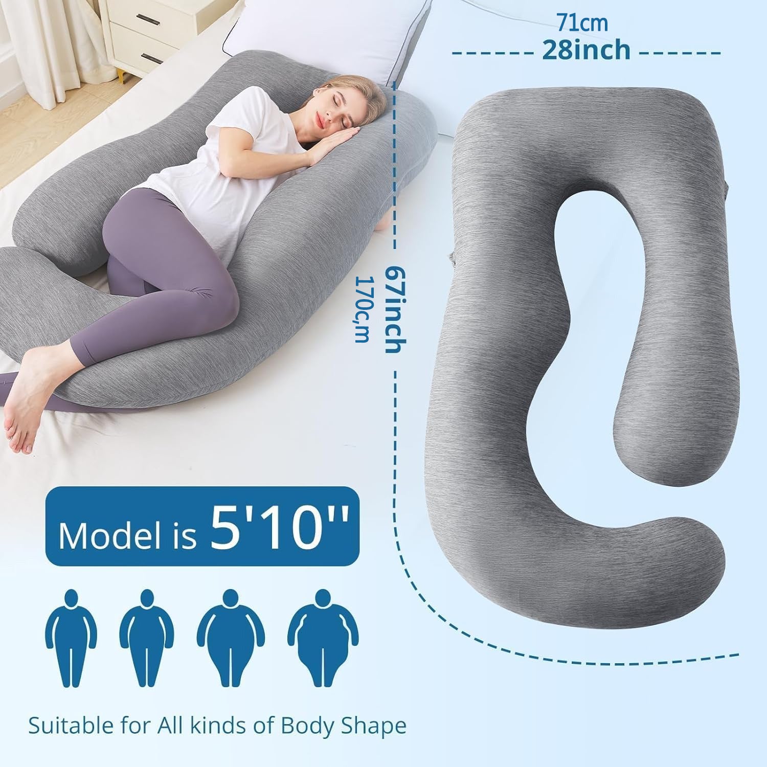 Dark Grey JShape Cooling Maternity Pillow for Full Body Support