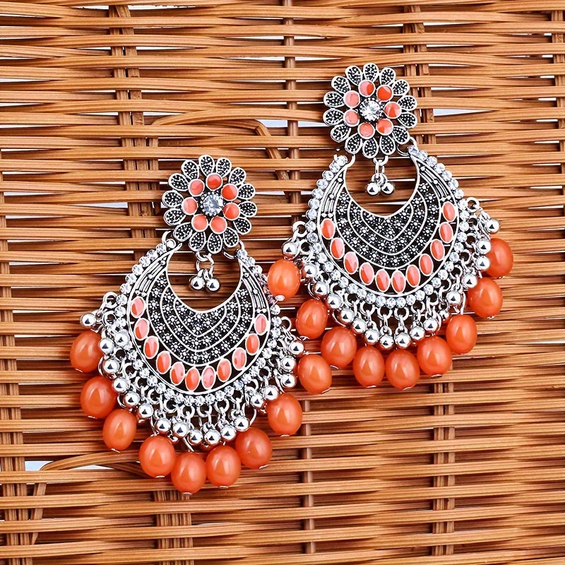 Vintage Bohemian Orange Earrings with Gems SilverPlated